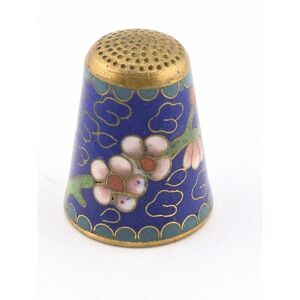 Vintage Cloisonné Enamel Thimble Cobalt Blue Floral Brass Sewing Collectible